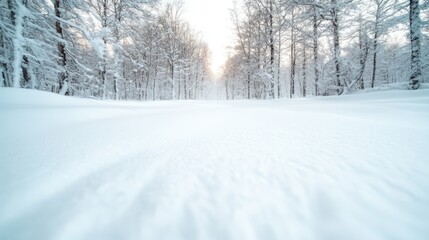 Obraz premium A tranquil winter scene featuring snow-covered trees flanking a path, illuminated by soft sunlight. The serene landscape invites peaceful contemplation and quiet exploration.