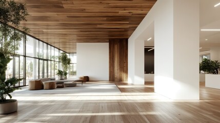 Fototapeta premium A vast and brightly lit lobby area showcases wooden accents, large windows, and minimalist furniture, embodying modernity and inviting natural elements into the design.