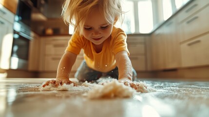 A happy young child smiling while sitting on the kitchen floor, playfully spreading flour all around, creating a sense of joy and childhood innocence in the home.
