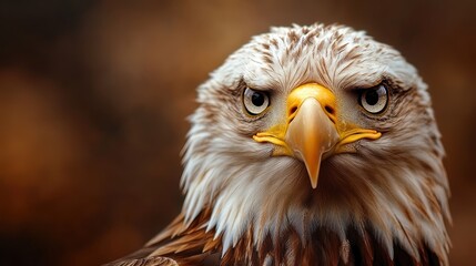 Fototapeta premium A regal eagle with intense eyes stands proudly, its noble stance embodying strength and freedom, making it ideal for nature and wildlife themes.