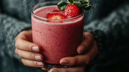 A deliciously vibrant strawberry smoothie is held in hands, complete with a fresh strawberry on top and an appealing pink hue, perfect for a healthy lifestyle choice.