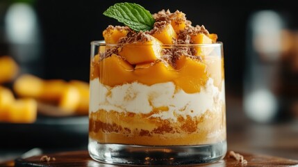A layered mango dessert in a glass featuring fresh chopped mangoes, creamy layers, crunchy biscuit base, and mint leaf garnish for a refreshing finish.