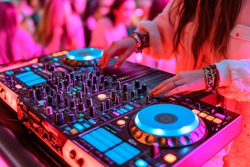 Obraz premium A female DJ performing at an energetic nighttime party with vibrant lights and lively crowd in the background, copy space for text, dj banner advertising, electronic music festival advertisement