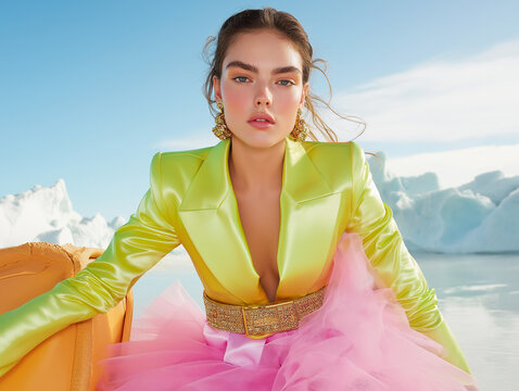 A fashion model in lime green and pink posing against a snowy backdrop under a clear blue sky. Contrasting colors and luxurious style bring a chic touch to this winter scene.