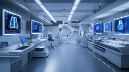 Tilted angle view of a high-tech X-ray lab, sleek modern design, glowing blue and white monitors, intricate machinery, photorealistic digital rendering