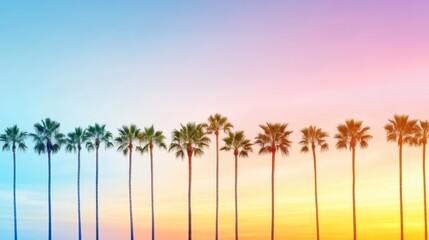 Obraz premium Sunset view through palm leaves, creating a tropical and serene vacation vibe.