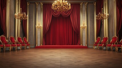 Fototapeta premium An opulent hall is adorned with golden candelabras and rich velvet curtains