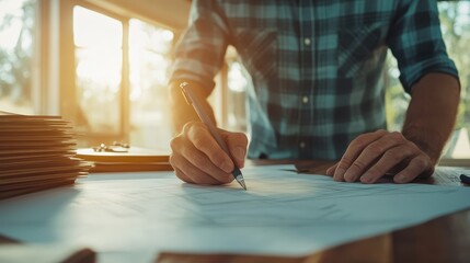 An architect intensely focuses on sketching a detailed design on large paper, bathed in morning light, embodying creativity and precision in their workspace.