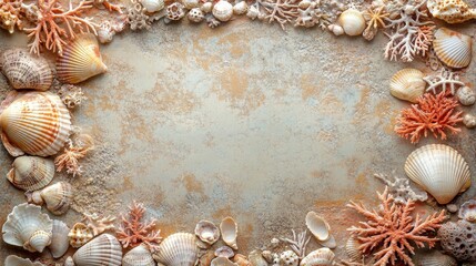 Seashells and Coral Arranged in a Frame on a Textured Background