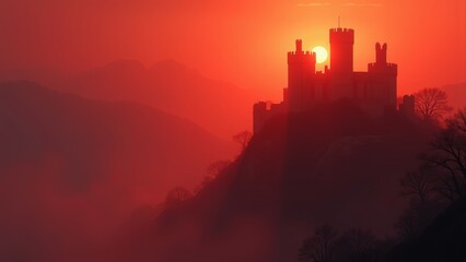 Obraz premium Generative, AI, a castle silhouette against a vibrant red sunset with mountains and trees in the background ,cinematic