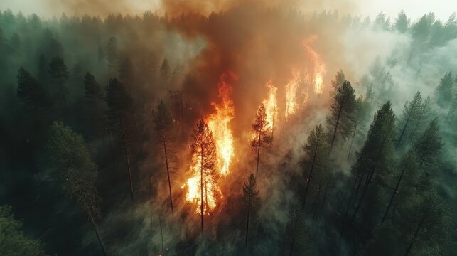 An intense wildfire scene showing towering flames consuming dense forest trees, with thick smoke engulfing the atmosphere, representing environmental threats.