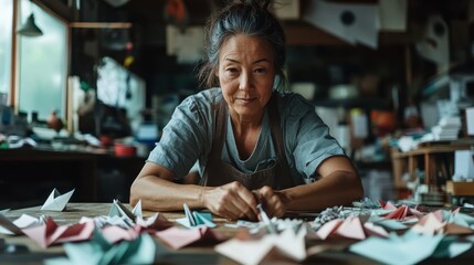 An elderly woman skillfully folds colorful paper into origami creations in a cluttered workshop, highlighting her artistry and dedication to her craft.