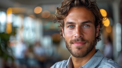 Obraz premium A man with a beard and blue shirt is smiling