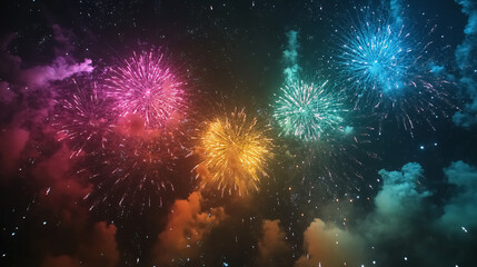 A dazzling display of colorful fireworks bursts across the night sky, celebrating the New Year.