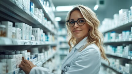 Fototapeta premium A female pharmacist organizes medicine on pharmacy shelves with care and precision, highlighting organizational skills critical in professional healthcare environments.