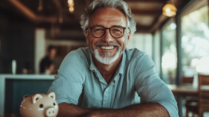 An elder gentleman beams with joy, seated comfortably with a piggy bank, representing prosperity and contentment, in an inviting and warm backdrop.
