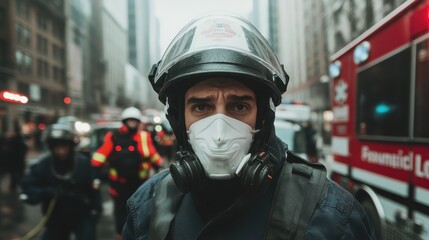 Fototapeta premium A firefighter in a protective mask confronts an urban crisis scene, showcasing determination, protection, and the critical role of responders in perilous situations.