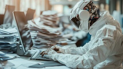 In a high-tech office setting, a robot with state-of-the-art features sits intently working on a computer, surrounded by stacks of paper, showcasing a tech-driven environment.
