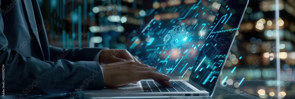 Poster a professional analyzes cyber security measures on a laptop, focusing on data protection in a digita