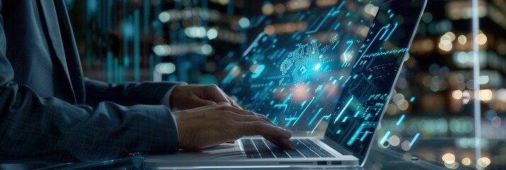 A professional analyzes cyber security measures on a laptop, focusing on data protection in a digital environment at night. Generative AI