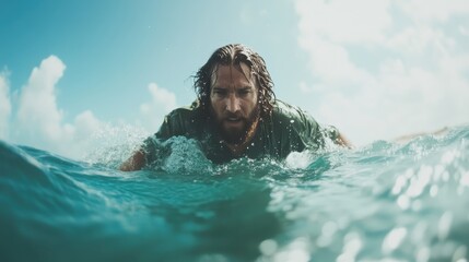 A man with a beard calmly floats in the serene ocean waters, with the expansive blue sky above, evoking a sense of peace, relaxation, and introspection.