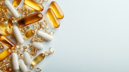 Assorted capsules and soft gels in varying shades and sizes scattered over a white surface, representing diversity in dietary supplements for health and wellness.