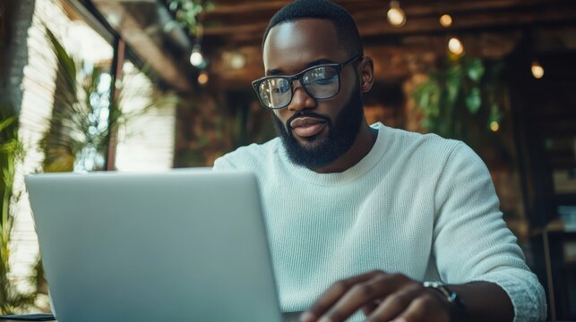 A man in a white sweater, wearing glasses, is working on a laptop in a warm, cozy, and inviting indoor space, surrounded by plants and soft lighting.