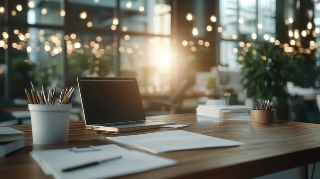 A modern office setup featuring a laptop, papers, and supplies on a wooden desk amid warm lighting and greenery, conveying a productive ambiance.