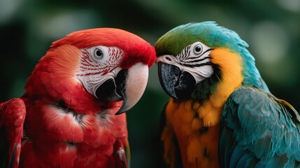 Two parrots are seen close together, displaying their brilliant red, blue, and yellow feathers. Their curious glace captivates the lush, verdant jungle environment.