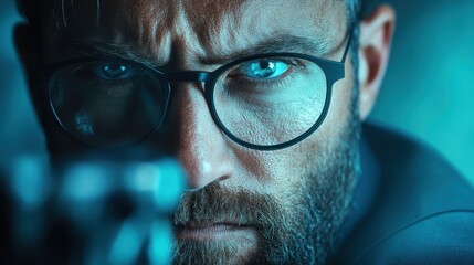 A focused bearded man in glasses aiming intensely, creating a sense of urgency and precision, as the sharp clarity emphasizes his serious demeanor.