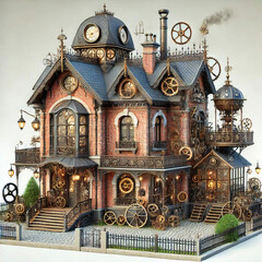Intricate Steampunk House with Gears and Victorian Design
