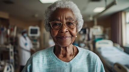 Obraz premium An elderly woman with glasses smiles warmly in a hospital room, representing resilience, wisdom, and strength within a healthcare environment.