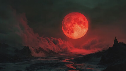 Red Moon Over Desolate Terrain: A dramatic scene where a red moon casts an ominous glow over a desolate, smoke-filled terrain.