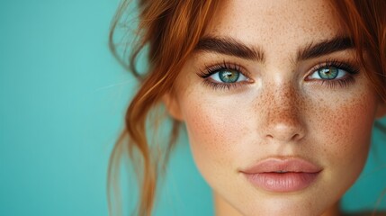 Fototapeta premium A portrait of a young woman with striking blue eyes and fair skin, adorned with freckles and auburn hair, looking serene against a turquoise backdrop.