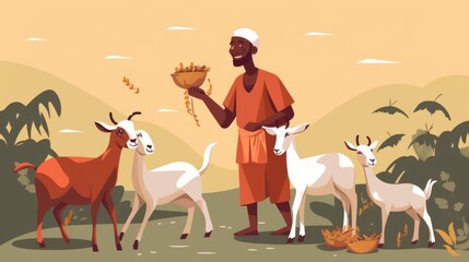 A man is feeding goats in a field