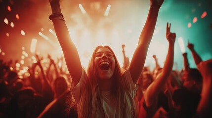 A joyful young woman raises her arms enthusiastically, smiling and surrounded by a vibrant crowd at a lively music event illuminated with colorful lights.