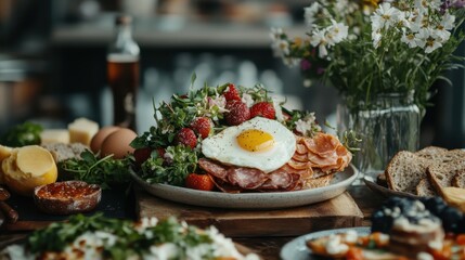 Obraz premium A delicious brunch plate showcasing a sunny-side-up egg atop greens, surrounded by cured meats and berries, all elegantly arranged, ready to tantalize taste buds.