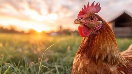 A proud chicken is highlighted by the gleaming sunset while standing on a grassy field, capturing a moment of rustic charm and agricultural simplicity in nature.