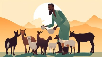 A man is feeding a group of animals, including goats and sheep