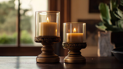 A close-up of two burning candles in ornate glass holders on a wooden table.