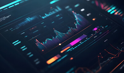 Obraz premium Futuristic financial dashboards and luxury business charts with glowing neon lines, gold accents, and connected nodes for corporate branding.