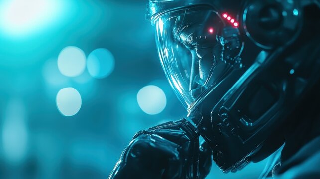 A helmeted explorer peers into the distance, awash in cyan light, embodying exploration and high-tech innovation in a transcendent and mysterious futuristic setting.