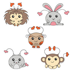 Five cartoon monsters in the form of a hedgehog, hare, owl, seal, monkey with hearts on their horns. Cute multi-coloured aliens. 