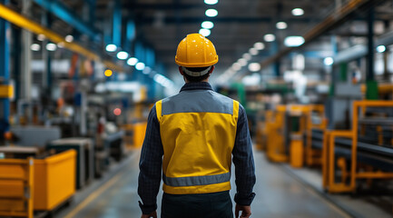 a man in a yellow helmet and coat walking through a modern factory hall, with soft lighting 