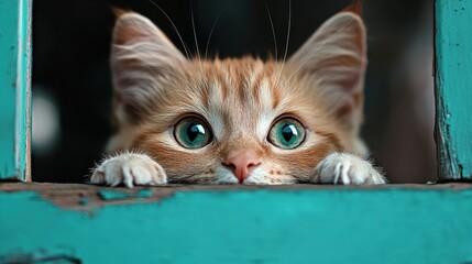 This image shows a ginger kitten with striking teal eyes peeking over a turquoise window frame, capturing the essence of curiosity and innocence in a vivid manner.