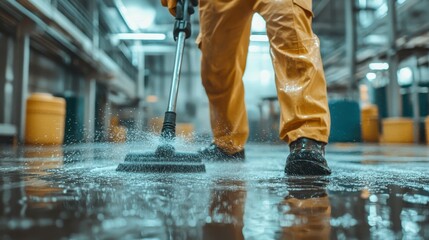 A janitor in yellow rain gear uses a pressure washer on a factory floor, causing water to spray. The setting is industrial and busy with reflections of light on water.