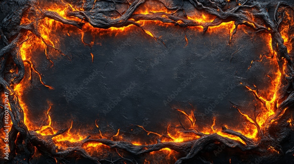 Fototapete a fiery lava frame with charred tree branches and a dark, textured background