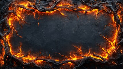 A fiery lava frame with charred tree branches and a dark, textured background