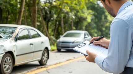 A car accident scene with two cars on the roadside, and an insurance agent taking notes and pictures for a claim