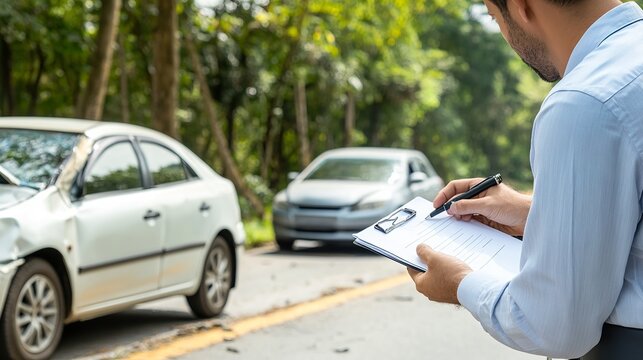 A car accident scene with two cars on the roadside, and an insurance agent taking notes and pictures for a claim